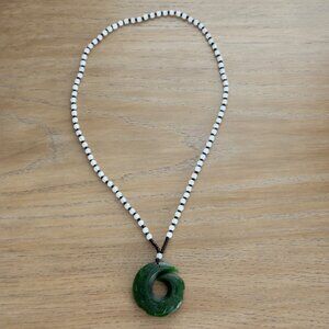 Green Stone Jade Horn Pendant Necklace Black White Beads Glass Carved